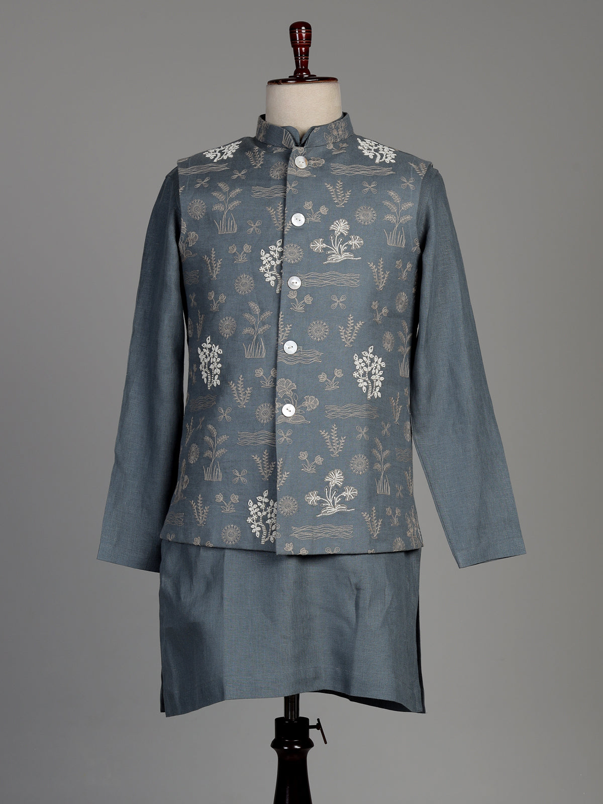 Stone grey cotton silk waistcoat set with botanical embroidery