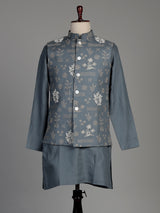 Stone grey cotton silk waistcoat set with botanical embroidery