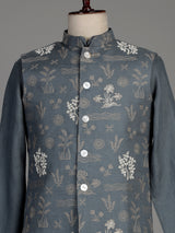 Stone grey cotton silk waistcoat set with botanical embroidery