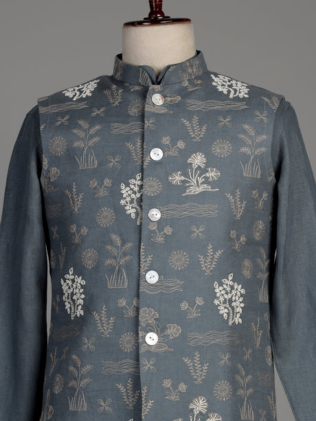 Stone grey cotton silk waistcoat set with botanical embroidery