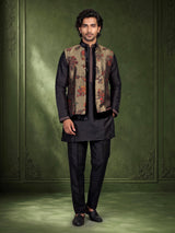 Black raw silk waistcoat set with antique gold floral brocade
