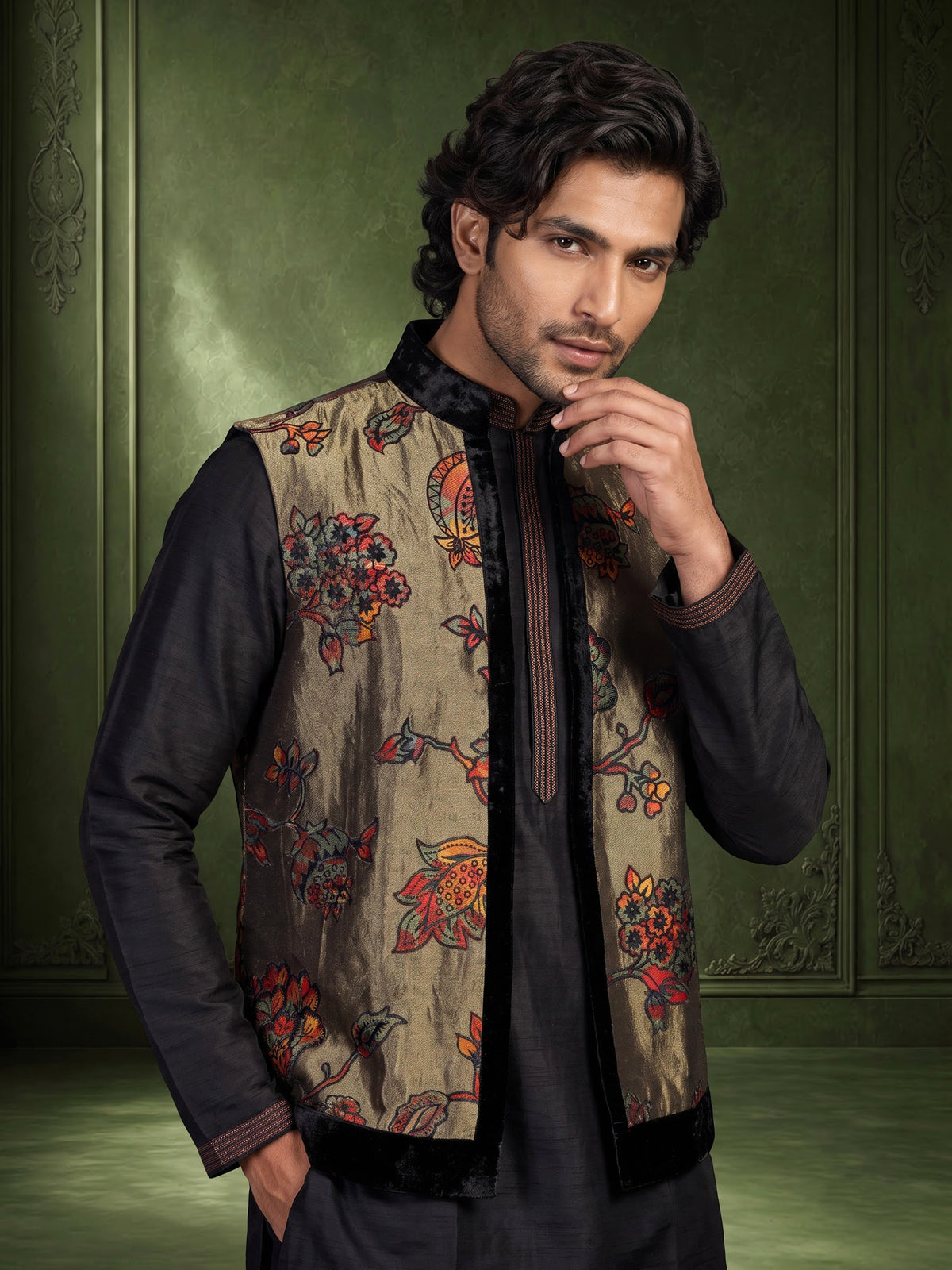 Black raw silk waistcoat set with antique gold floral brocade
