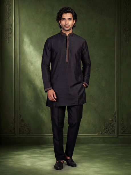 Black raw silk waistcoat set with antique gold floral brocade