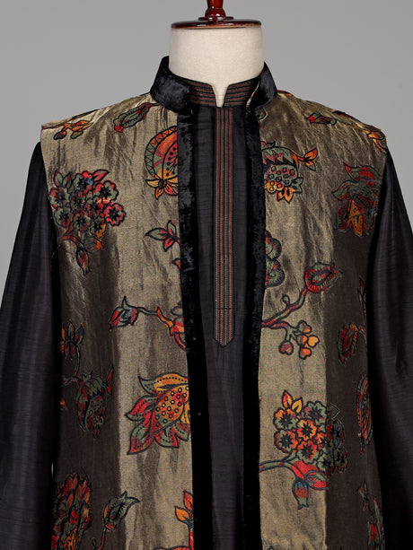 Black raw silk waistcoat set with antique gold floral brocade