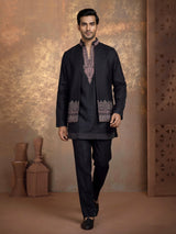 Charcoal black silk blend waistcoat set with embroidered jacket