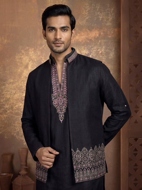 Charcoal black cotton blend waistcoat set with embroidered jacket