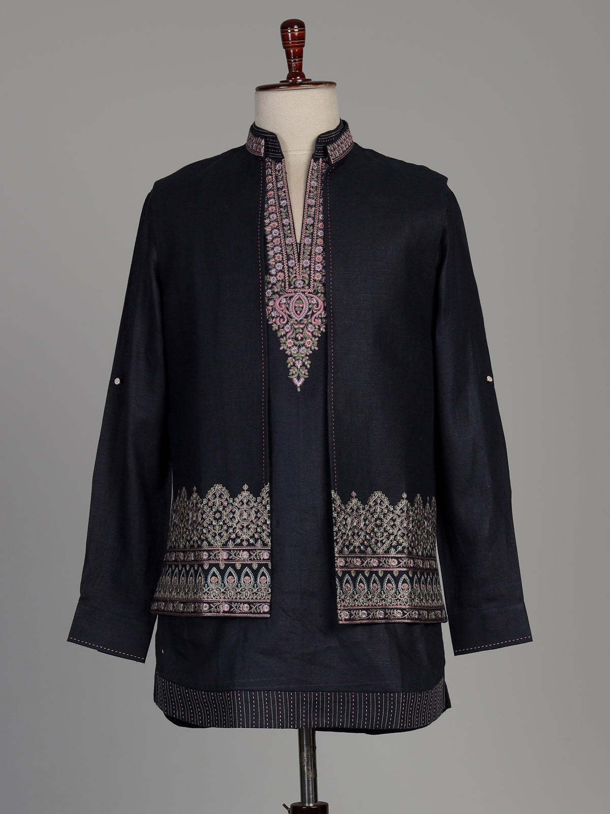 Charcoal black silk blend waistcoat set with embroidered jacket