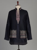 Charcoal black silk blend waistcoat set with embroidered jacket