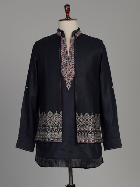 Charcoal black cotton blend waistcoat set with embroidered jacket