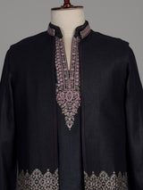 Charcoal black silk blend waistcoat set with embroidered jacket
