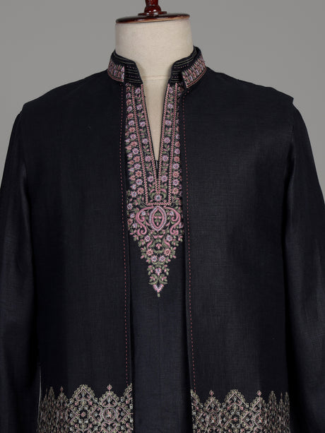 Charcoal black cotton blend waistcoat set with embroidered jacket