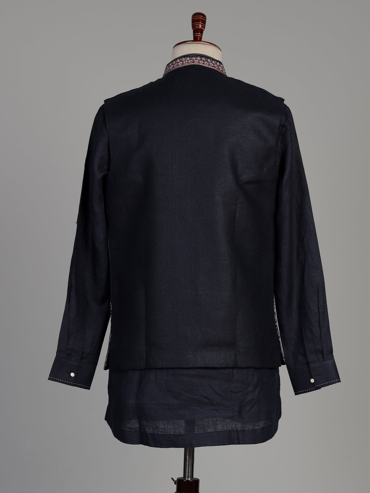 Charcoal black silk blend waistcoat set with embroidered jacket
