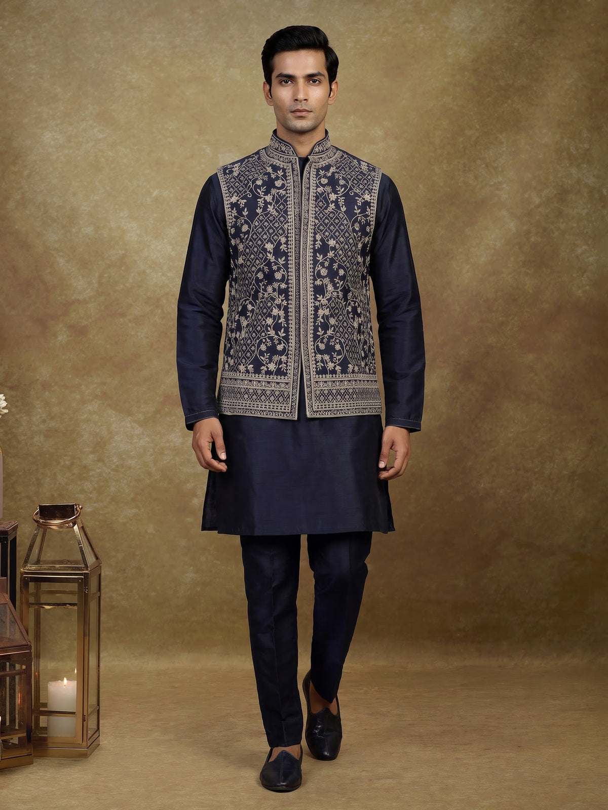 Navy blue silk waistcoat set with intricate floral embroidery