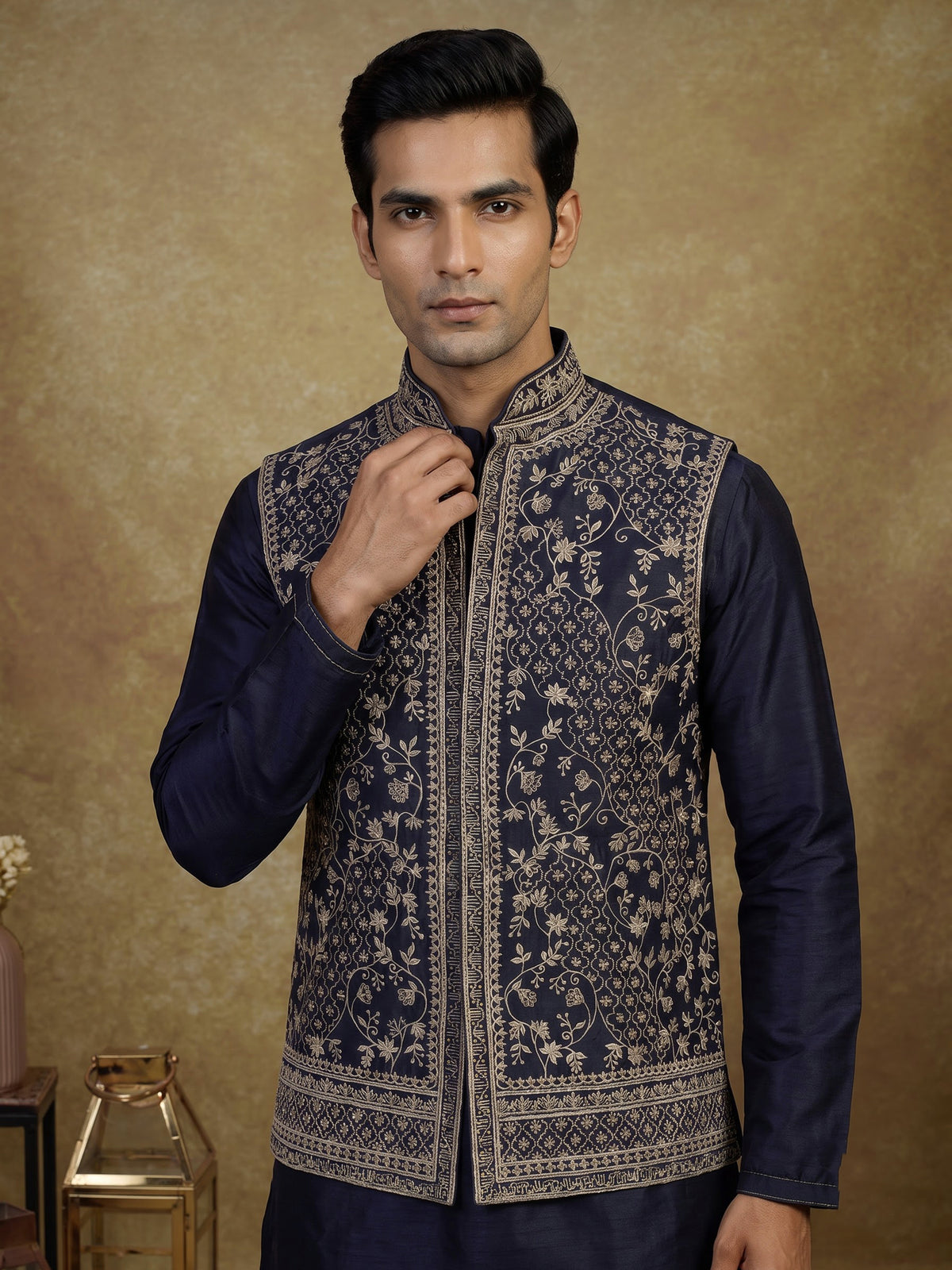 Navy blue silk waistcoat set with intricate floral embroidery