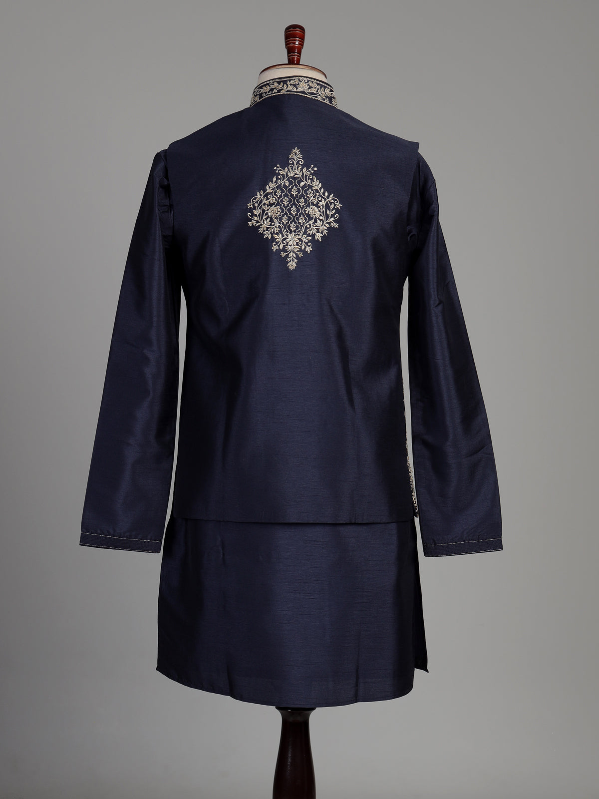 Navy blue silk waistcoat set with intricate floral embroidery