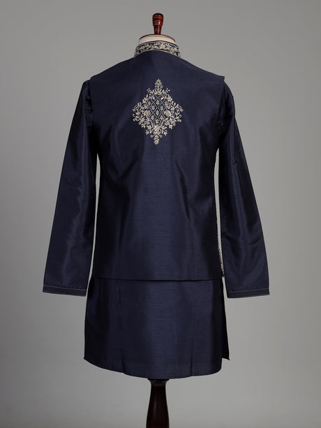 Navy blue silk waistcoat set with intricate floral embroidery
