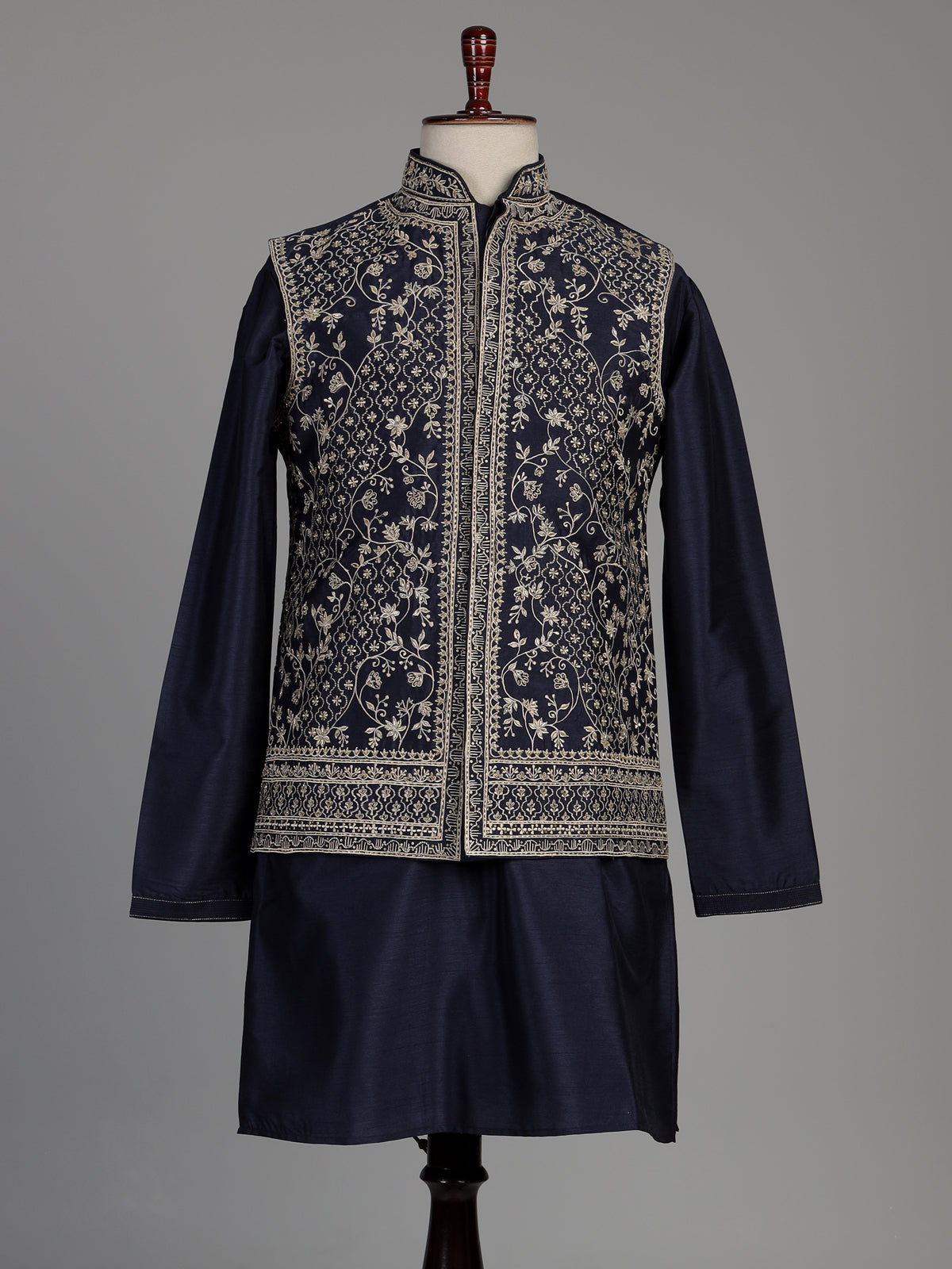 Navy blue silk waistcoat set with intricate floral embroidery