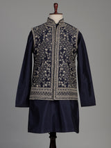 Navy blue silk waistcoat set with intricate floral embroidery