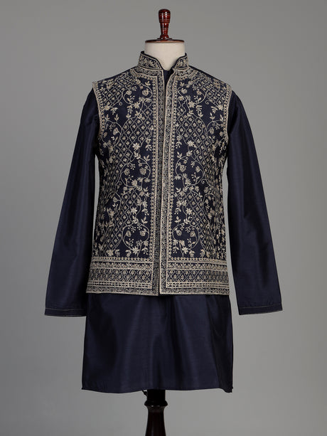 Navy blue silk waistcoat set with intricate floral embroidery