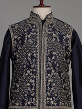 Navy blue silk waistcoat set with intricate floral embroidery