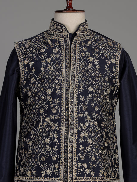 Navy blue silk waistcoat set with intricate floral embroidery