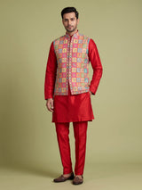 Deep magenta silk waistcoat set with floral texture and sequins