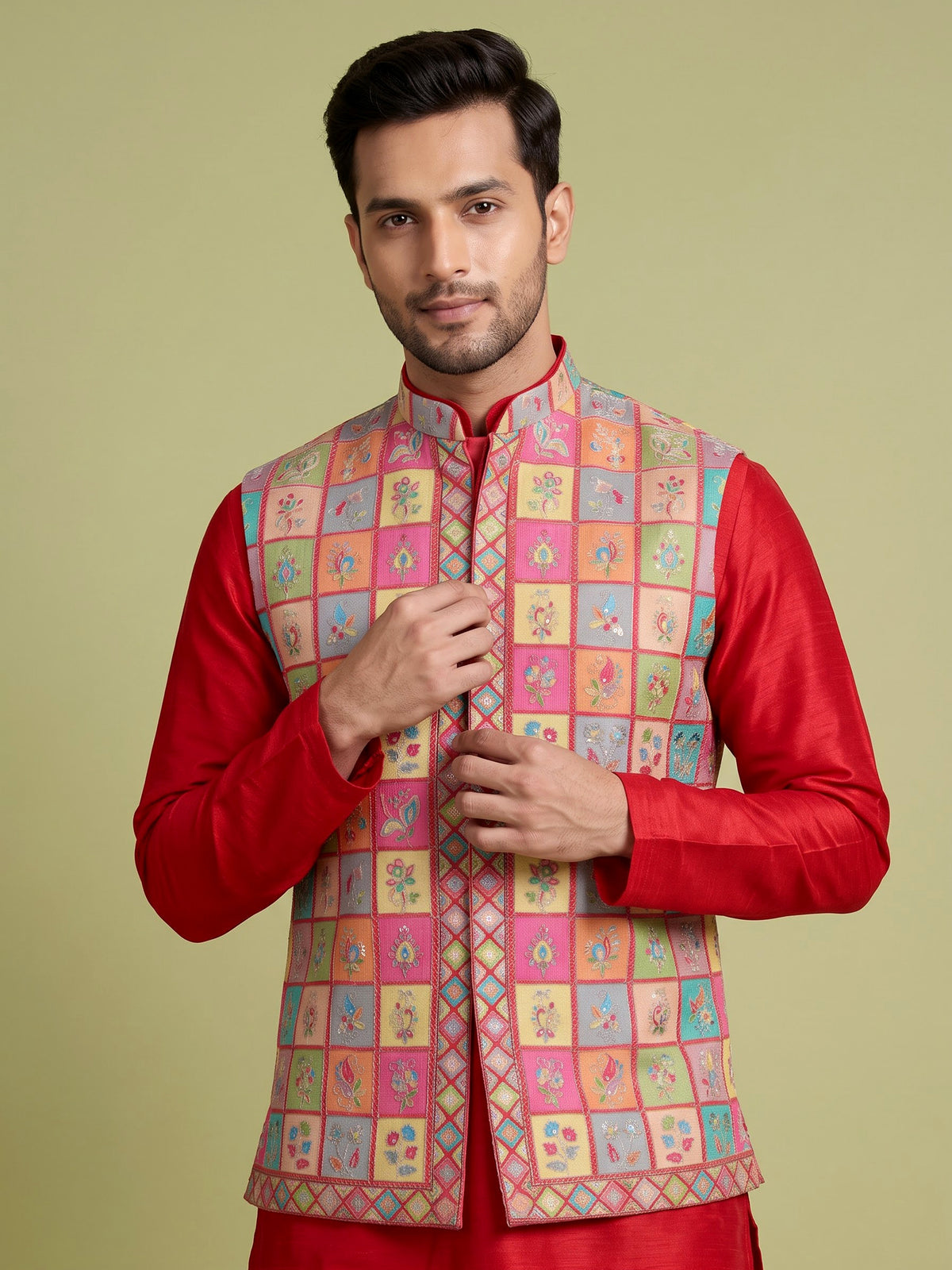 Deep magenta silk waistcoat set with floral texture and sequins