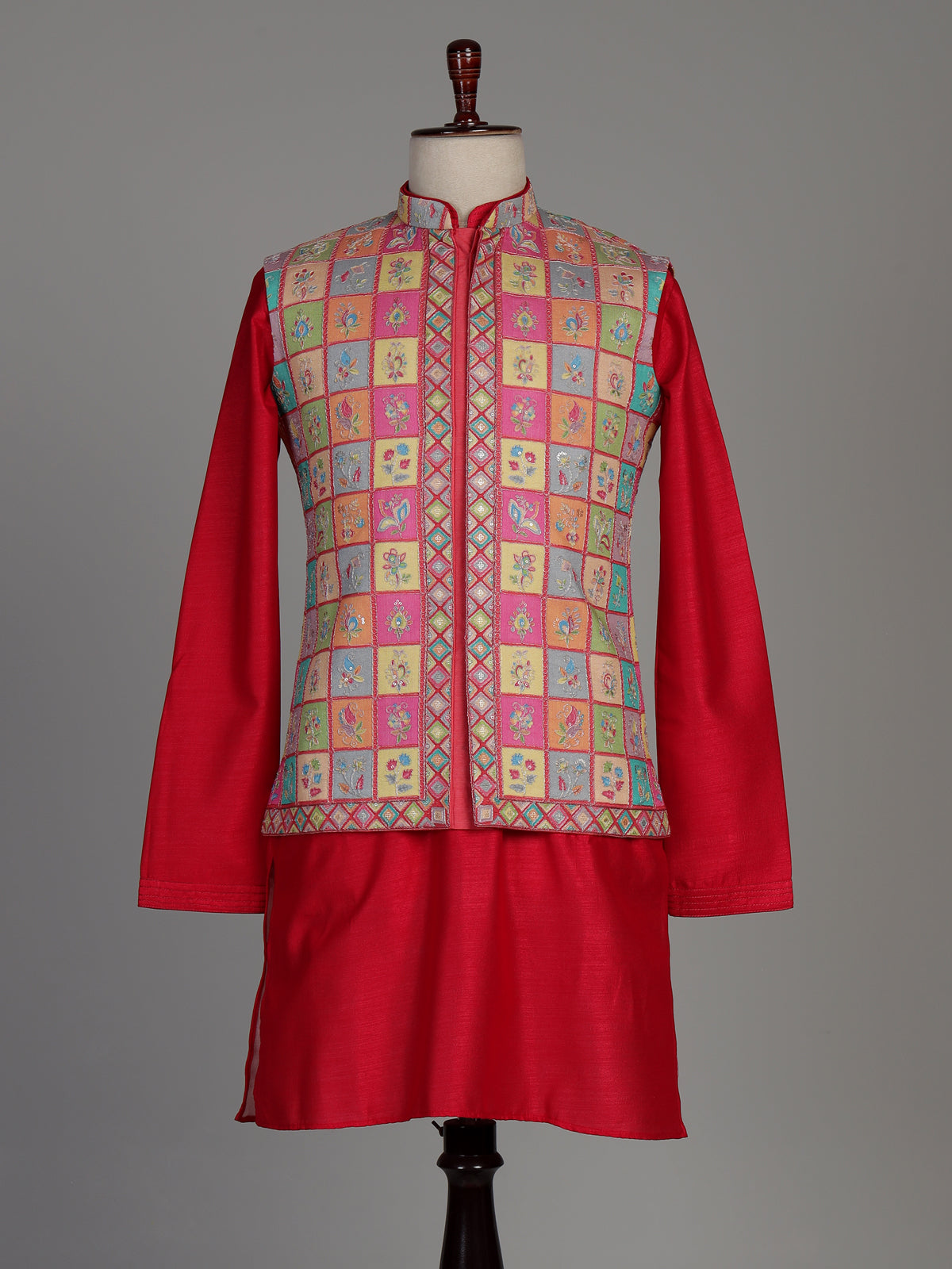 Deep magenta silk waistcoat set with floral texture and sequins