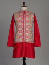 Deep magenta silk waistcoat set with floral texture and sequins