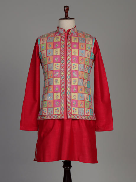 Deep magenta silk waistcoat set with floral texture and sequins