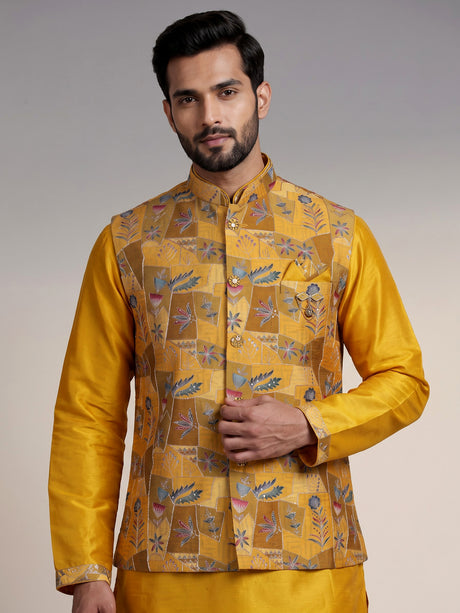 Mustard yellow silk waistcoat set with resham and sequin detailing