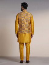 Mustard yellow silk waistcoat set with resham and sequin detailing