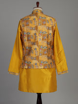 Mustard yellow silk waistcoat set with resham and sequin detailing