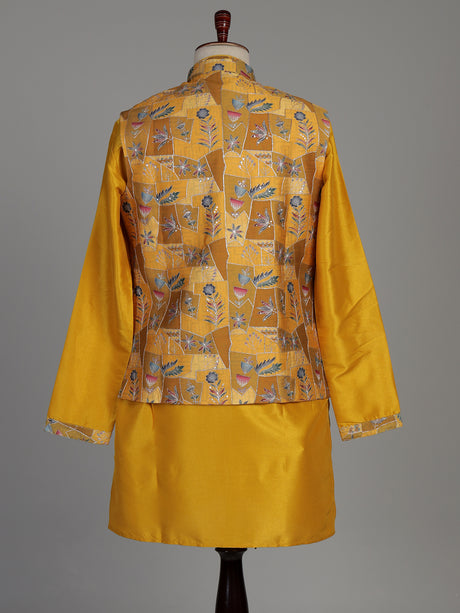 Mustard yellow silk waistcoat set with resham and sequin detailing