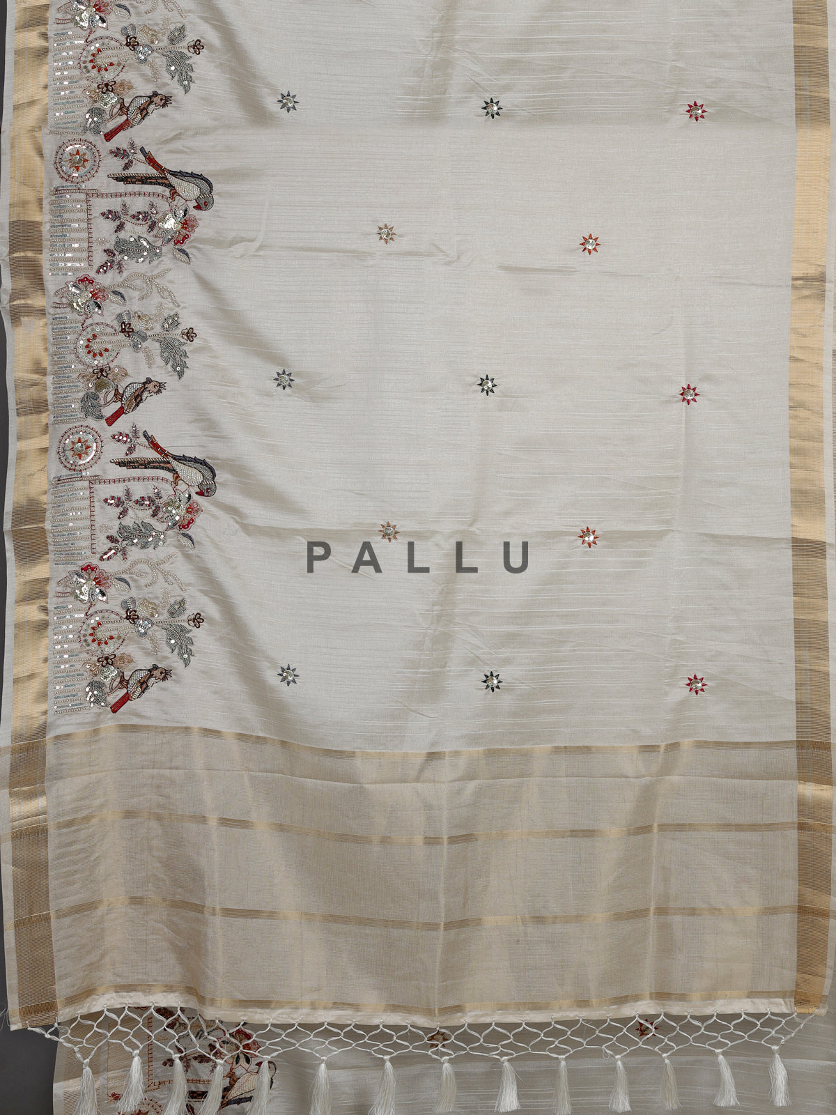 White semi cotton silk saree with embellished bird motifs and tasselled pallu