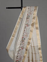 White semi cotton silk saree with embellished bird motifs and tasselled pallu