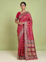 Deep rani pink modal satin saree with colourful motifs and embellishments