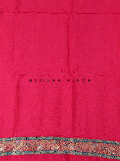 Deep rani pink modal satin saree with colourful motifs and embellishments
