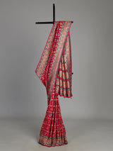 Deep rani pink modal satin saree with colourful motifs and embellishments