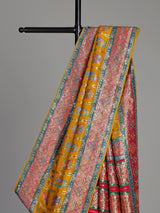 Mustard yellow modal satin saree with colourful motifs and tassel detailing