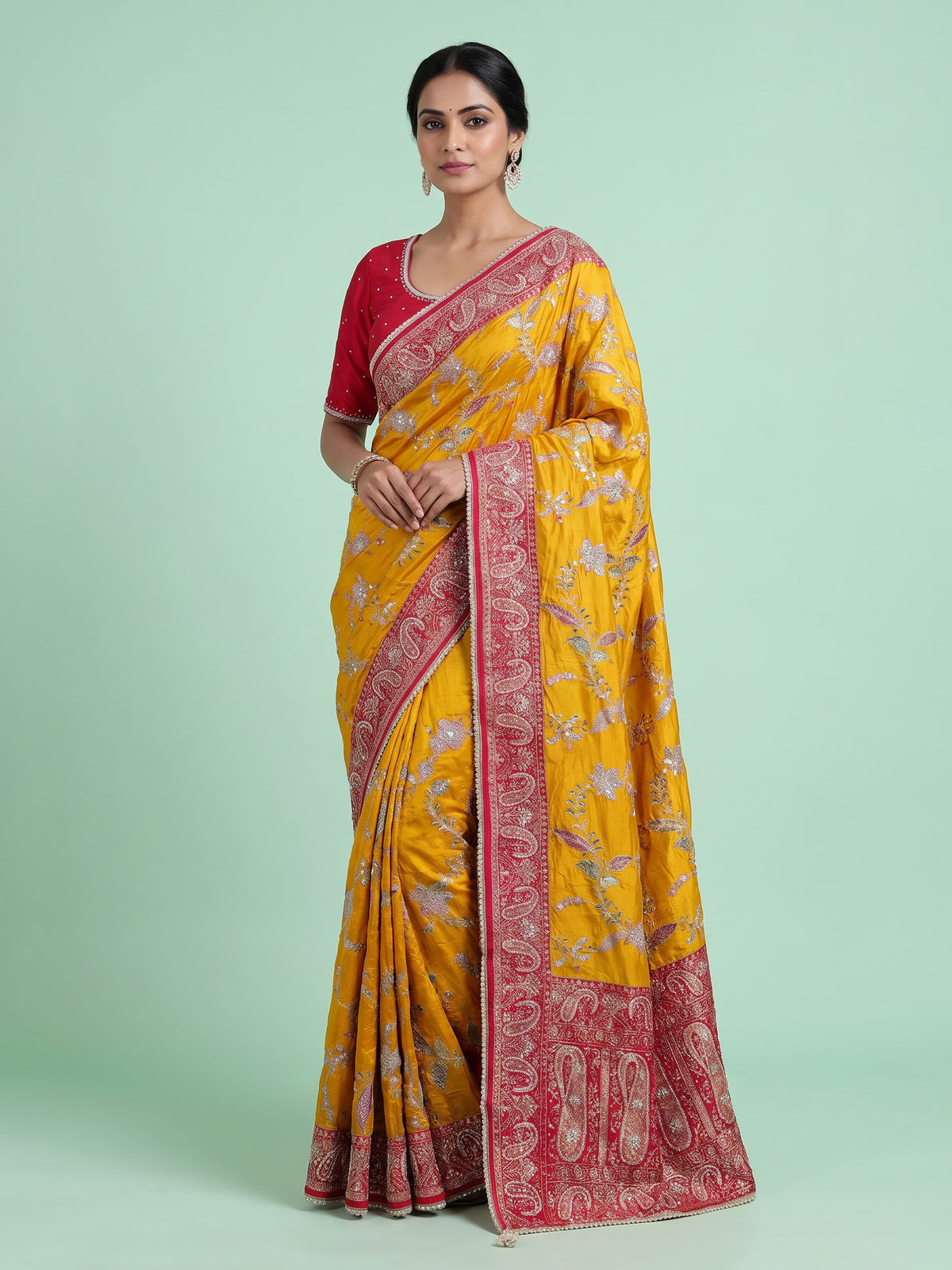 Mustard yellow pashmina saree with floral embroidery and contrast pallu