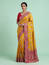 Mustard yellow pashmina saree with floral embroidery and contrast pallu