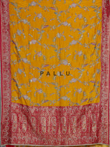 Mustard yellow pashmina saree with floral embroidery and contrast pallu