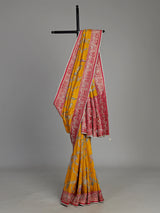 Mustard yellow pashmina saree with floral embroidery and contrast pallu