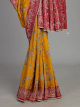 Mustard yellow pashmina saree with floral embroidery and contrast pallu