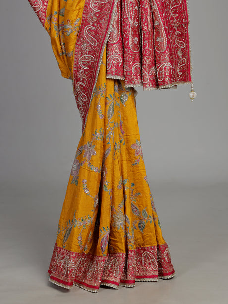 Mustard yellow pashmina saree with floral embroidery and contrast pallu