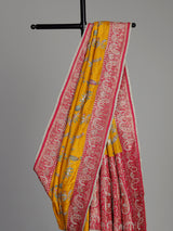 Mustard yellow pashmina saree with floral embroidery and contrast pallu