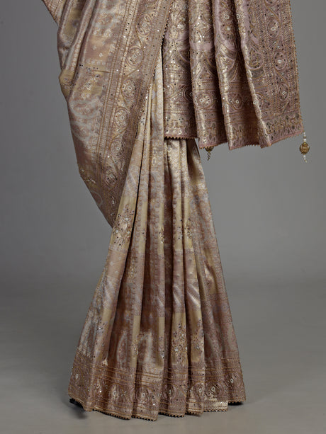 Lavender purple tissue silk saree with detailed zardosi and zari embellishments