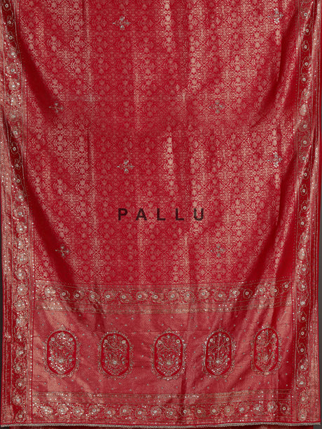 Rani pink kanjivaram silk saree with intricate sequins and mirror detailing