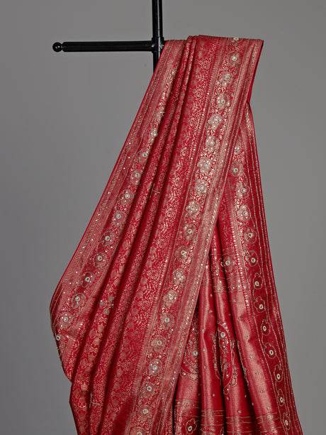 Rani pink kanjivaram silk saree with intricate sequins and mirror detailing